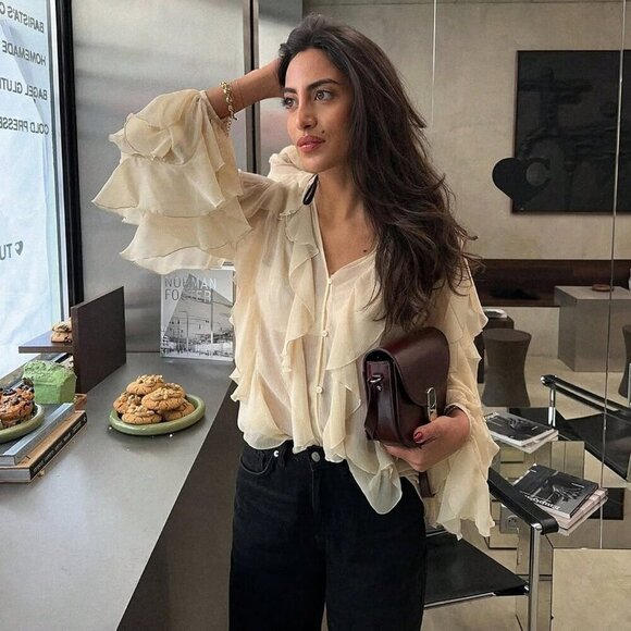 Tan Casual Women's Ruffle Trim Lantern Blouse Shirt - Picture 2 of 10